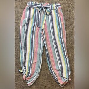 Indigo Rein Pants Small Linen/Rayon Pockets Elastic Waist Belt Striped Cropped